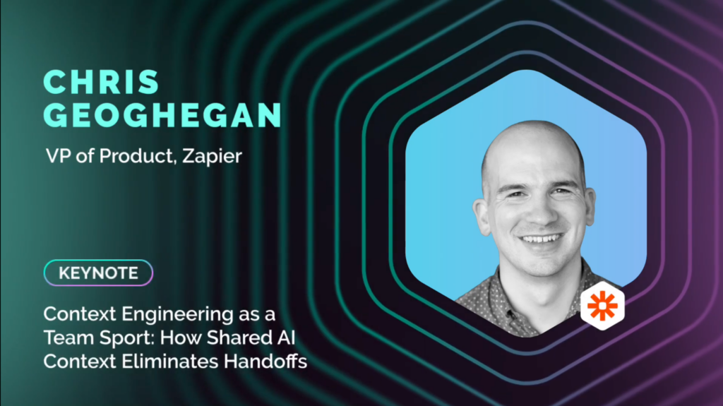 Promotional slide for GitKon 2025 keynote by Chris Geoghegan, VP of Product at Zapier, titled "Context Engineering as a Team Sport: How Shared AI Context Eliminates Handoffs", with a speaker headshot and stylized background.
